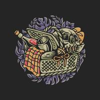 vector illustration Picnic basket with drinks, glasses, bread and skulls on it for t shirt design