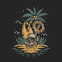 vector illustration a skeleton stranded on an island with a surfboard and a rescue tire for t shirt design