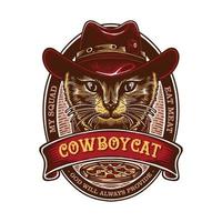 Vintage logo emblem a cat wearing a cowboy dress stares sharply and coolly against an oval background with several ornaments vector