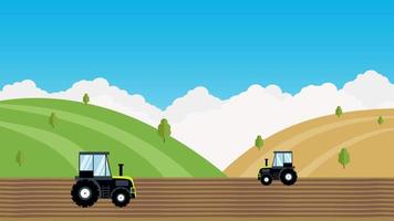 tractor plowing field on rural landscape. vector