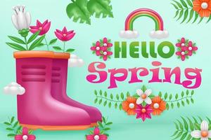 Hola primavera. Ilustración 3d de botas, cesta y maceta de riego de flores, con plantas tropicales ornamentales vector