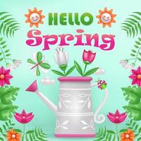 Hello spring. 3d illustration of boots, basket and flower watering pot, with ornamental tropical plants vector