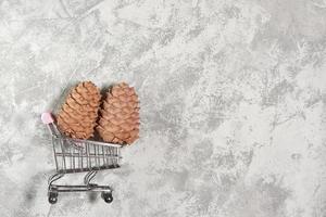 piñones útiles y conos de pino en un carrito de supermercado sobre un fondo gris. el concepto de comprar alimentos proteicos ricos en calorías en el supermercado foto