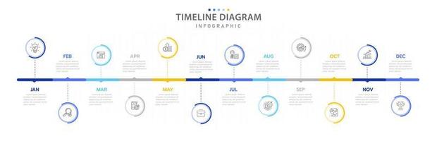 plantilla infográfica para negocios. Calendario de diagrama de línea de tiempo moderno de 12 meses con círculos, infografía vectorial de presentación. vector