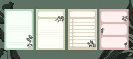 conjunto de planificador diario minimalista estético, página de hojas de notas, tareas pendientes y lista de compras con ilustración de planta verde boho vector