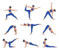 Set of yoga poses. Young women do yoga exercises. Healthy lifestyle with yoga asanas. Vector illustration.