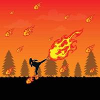 Ninja girl kicking fire flame ball with magical fire kick flat vector illustration, fire ball destroying by ninja girl kick