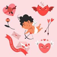 Set of elements for Valentine's Day. Cupid and arrows, gifts and flowers, hearts and letters. Vector illustration.