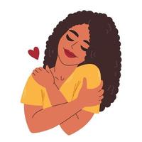 Love yourself. Black curly hair woman hugging herself with heart. Love your body concept. Take time for your self. Vector illustration.