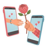 Online dating service vector concept. Mans and womans hands appeared from phones screen, mans hand giving flower