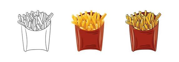 vector set of french fries in a red cardboard glass hand drawn, drawing in outline and in color. food vector illustration