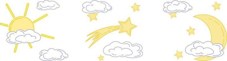 estrella fugaz, sol, mes, cometa y estrellas en el cielo con nubes. ilustración vectorial de cuerpos celestes en estilo de dibujos animados vector