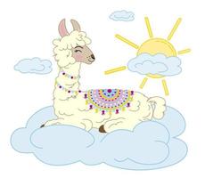 alpaca on a cloud in the sky on the stench of sun and clouds. baby vector illustration