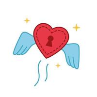 Red shining heart lock with wings is flying in the air. Love is in the air concept. Vector illustration of a broken heart with wings. Valentines day icon in doodle style. hand drawn illustration.