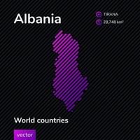 Vector abstract map of Albania with violet striped texture and striped dark background