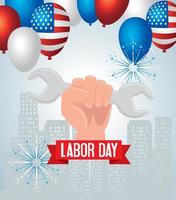 happy labor day holiday banner and hand with wrench tool, and cityscape vector