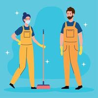 couple workers of cleaning service, with broom vector