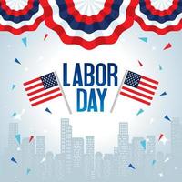 happy labor day holiday banner with flag usa and cityscape vector