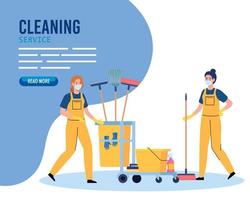 cleaning service banner, women workers of cleaning service wearing medical mask, with cleaning trolley and equipments vector