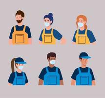 trabajadores del grupo del servicio de limpieza con máscara médica vector