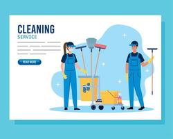 cleaning service banner, couple workers with cleaning trolley with equipment icons