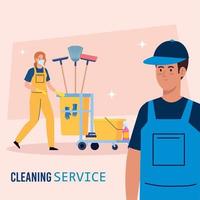 banner de servicio de limpieza, pareja de trabajadores con carro de limpieza con iconos de equipo vector
