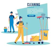 cleaning service banner, couple workers with cleaning trolley with equipment icons