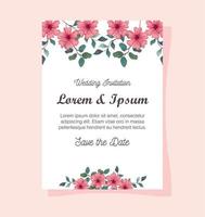tarjeta de felicitación con flores de color rosa, invitación de boda con flores de color rosa con decoración de ramas y hojas vector