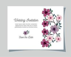 tarjeta de felicitación con flores de color lila, rosa y morado, invitación de boda con flores con decoración de ramas y hojas vector