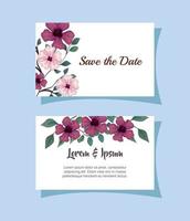 tarjetas de felicitación con flores de color púrpura y rosa, invitaciones de boda con flores con decoración de ramas y hojas vector