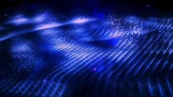 Abstract moving blue futuristic landscape of particles and dots of energetic magic with glow and blur effect, abstract background. Video 4k, motion design