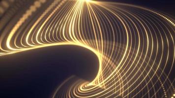 Abstract yellow waves from lines and dots particles of glowing swirling futuristic hi-tech with blur effect on dark background. Abstract background. Video in high quality 4k, motion design