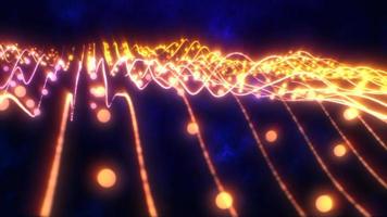 Abstract yellow orange shiny glowing lines rays of energy and magic waves from particles and dots, abstract background. Video 4k, motion design