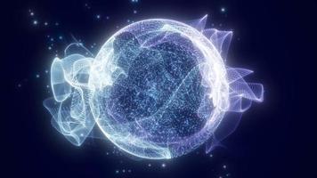 Abstract round sphere light bright glowing from rays of energy and magic waves from particles and dots, abstract background. Video 4k, motion design