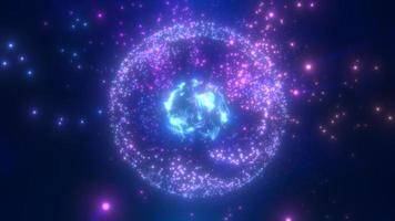 Abstract round blue to purple sphere light bright glowing from energy rays and magic waves from particles and dots, abstract background. Video 4k, motion design