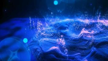 Abstract moving blue futuristic landscape of particles and dots of energetic magic with glow and blur effect, abstract background. Video 4k, motion design