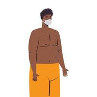 Hombre de dibujos animados con traje de baño y máscara médica en diseño vectorial de toalla vector