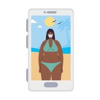 Chica con bikini y máscara en la playa en smartphone en diseño vectorial de video chat vector