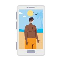 Hombre con traje de baño y máscara en la playa en smartphone en diseño vectorial de video chat vector