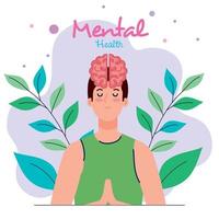 concepto de salud mental, con el hombre meditando con decoración de hojas vector