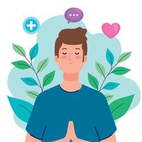 mental health concept, and man meditating with health icons vector