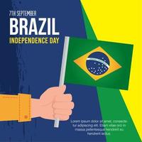 7 de septiembre, pancarta de celebración del día de la independencia de brasil y mano con bandera vector