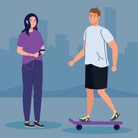 couple performing leisure outdoor activities, man in skateboard and woman with smartphone vector
