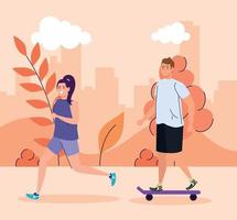 couple performing outdoor activities, young man in skateboard and woman running vector