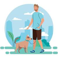 man performing outdoor activities, young man on a walk with a dog vector