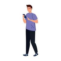 young man using smartphone device on white background vector