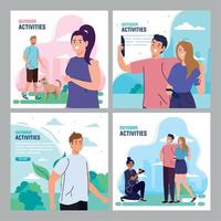 set of banners, young people performing leisure outdoor activities vector