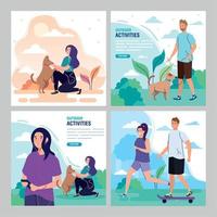 set of banners, young people performing leisure outdoor activities vector
