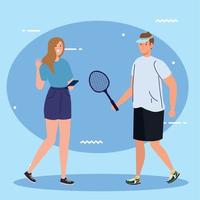 group people performing activities, man tennis player and woman using smartphone vector