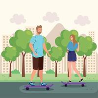 pareja en patineta, realizando actividades al aire libre vector